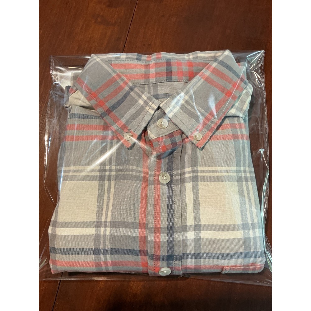 Merona Mens Plaid Short Sleeve Button Down Shirt Grey Coral Orange Size M